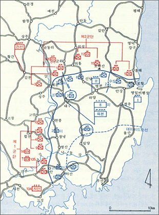북한군 9월 공세 시 피아 배치상황(1950. 8. 31.)[자료]6.25전쟁사. 국방부 군사편찬연구소 자료 이미지